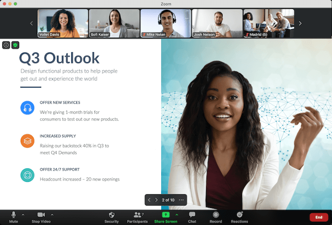 Zoom Meeting Of A Group With One Sharing A Screen With A Business Report Entitled, &Quot;Q3 Outlook&Quot;.